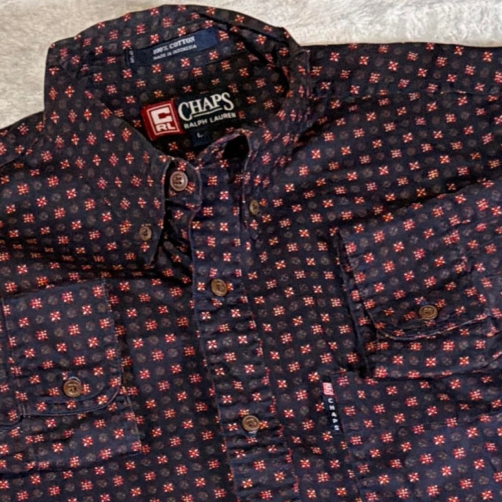 Chaps Ralph Lauren Button Down Shirt | Navy Blue Print | Large